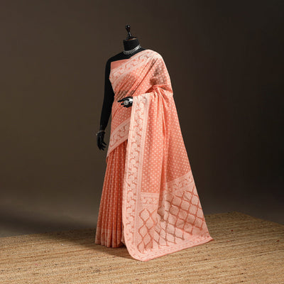 Peach - silk cotton cutwork buti banarasi saree 56