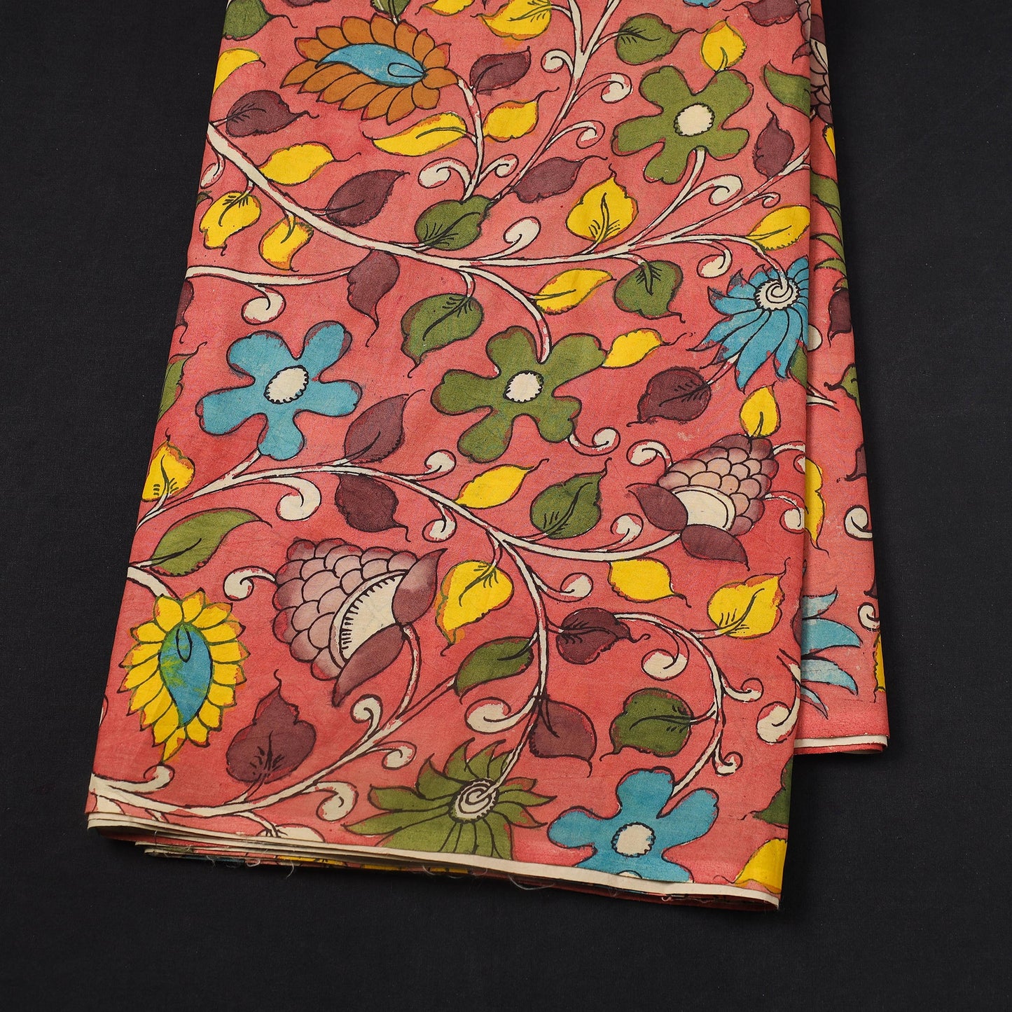 Silk Peach Handpainted Srikalahasti Pen Kalamkari Fabric 