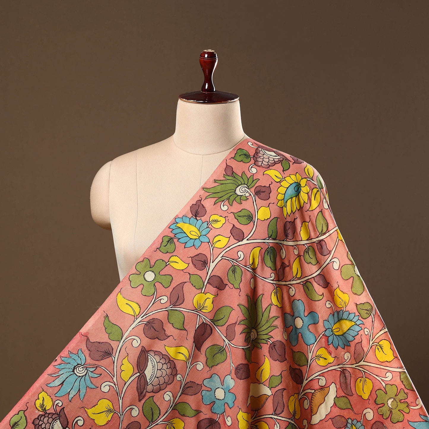 Silk Peach Handpainted Srikalahasti Pen Kalamkari Fabric 