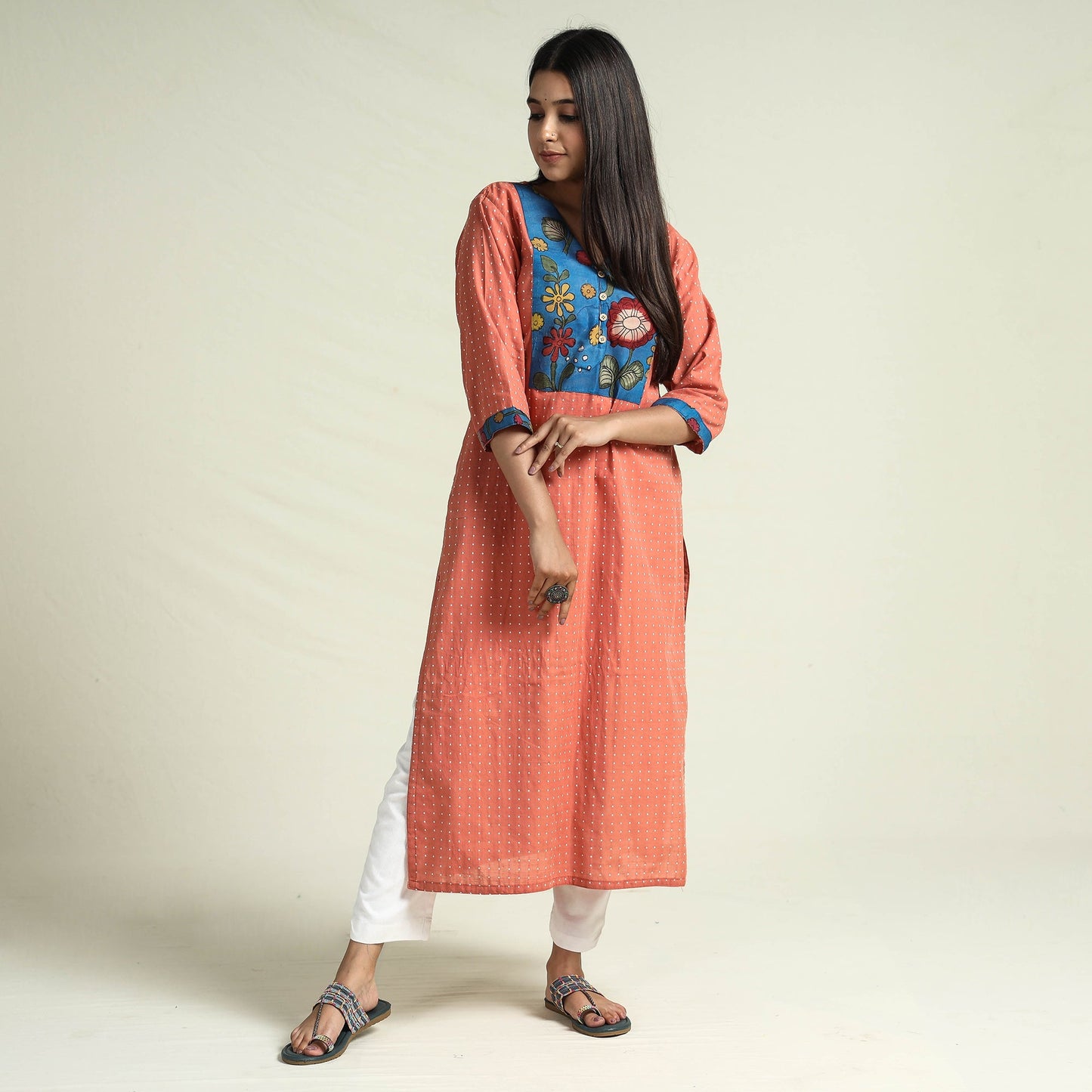  Srikalahasti Kalamkari Patchwork Jacquard Cotton Long kurta 