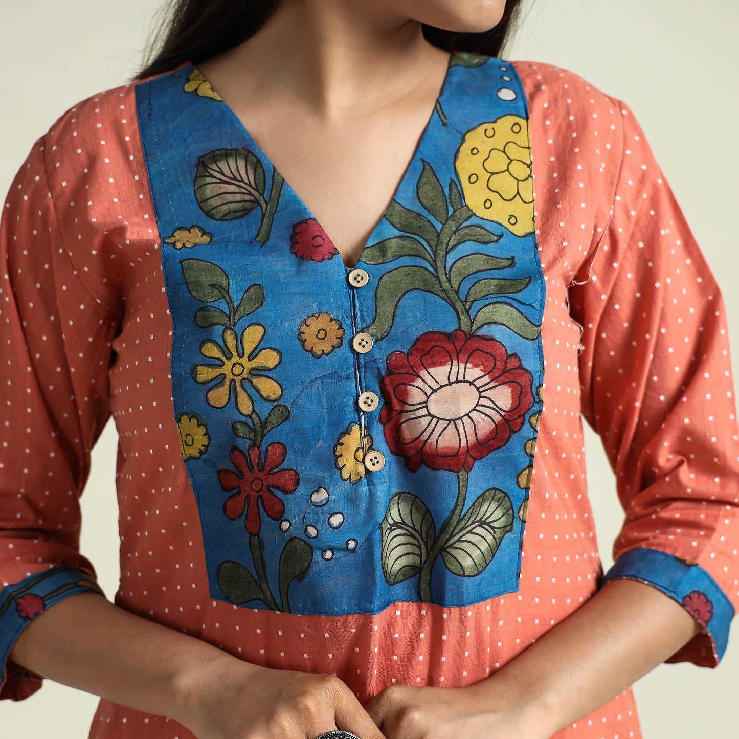  Srikalahasti Kalamkari Patchwork Jacquard Cotton Long kurta 