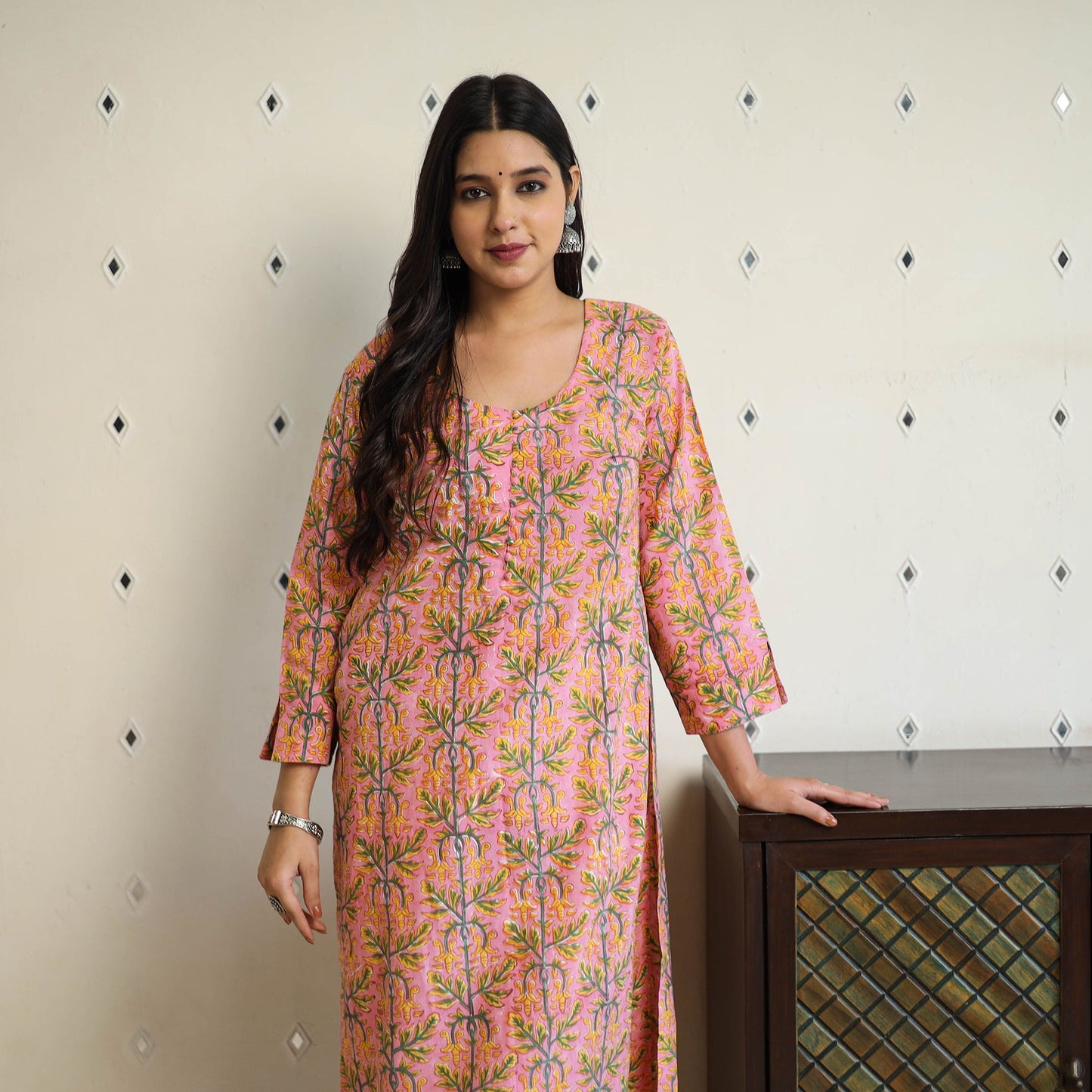  Peach Straight Cotton Block Print Sanganeri Kurta