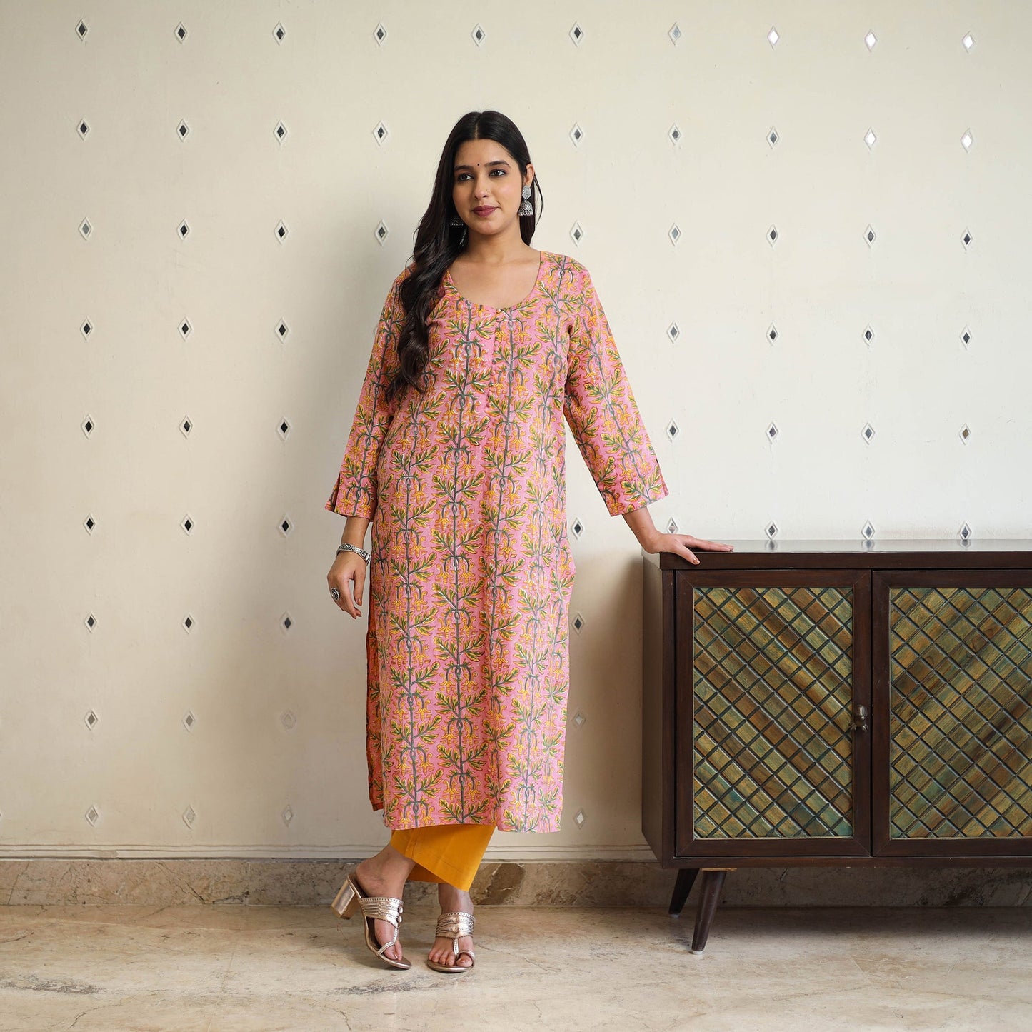  Peach Straight Cotton Block Print Sanganeri Kurta