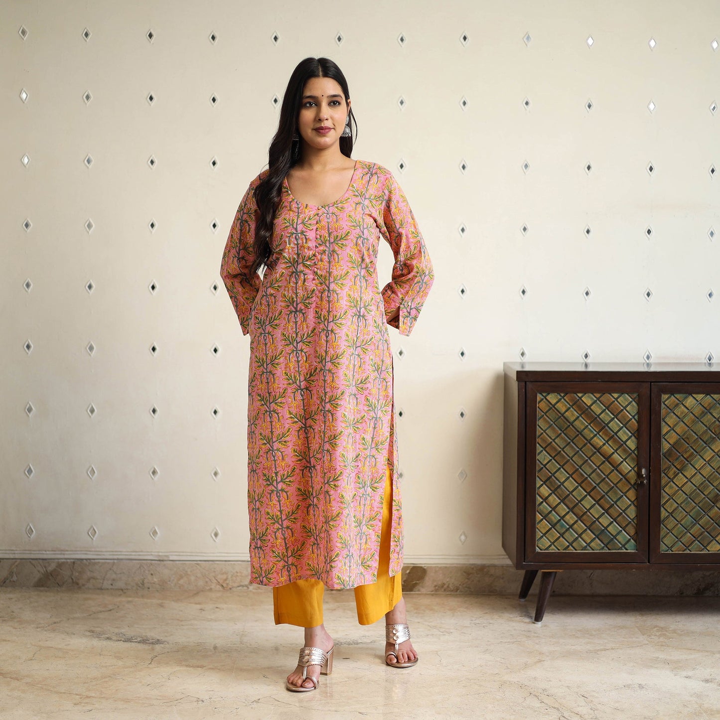  Peach Straight Cotton Block Print Sanganeri Kurta