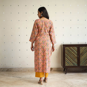  Peach Straight Cotton Block Print Sanganeri Kurta