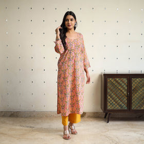  Peach Straight Cotton Block Print Sanganeri Kurta