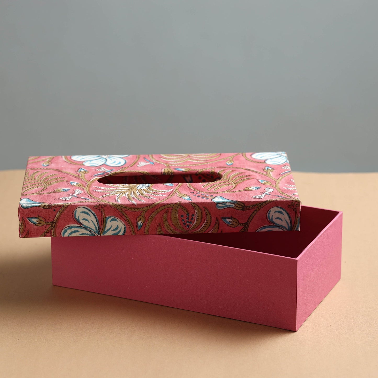 Peach Sukriti Handmade Block Printed Fabric Tissue Box 
