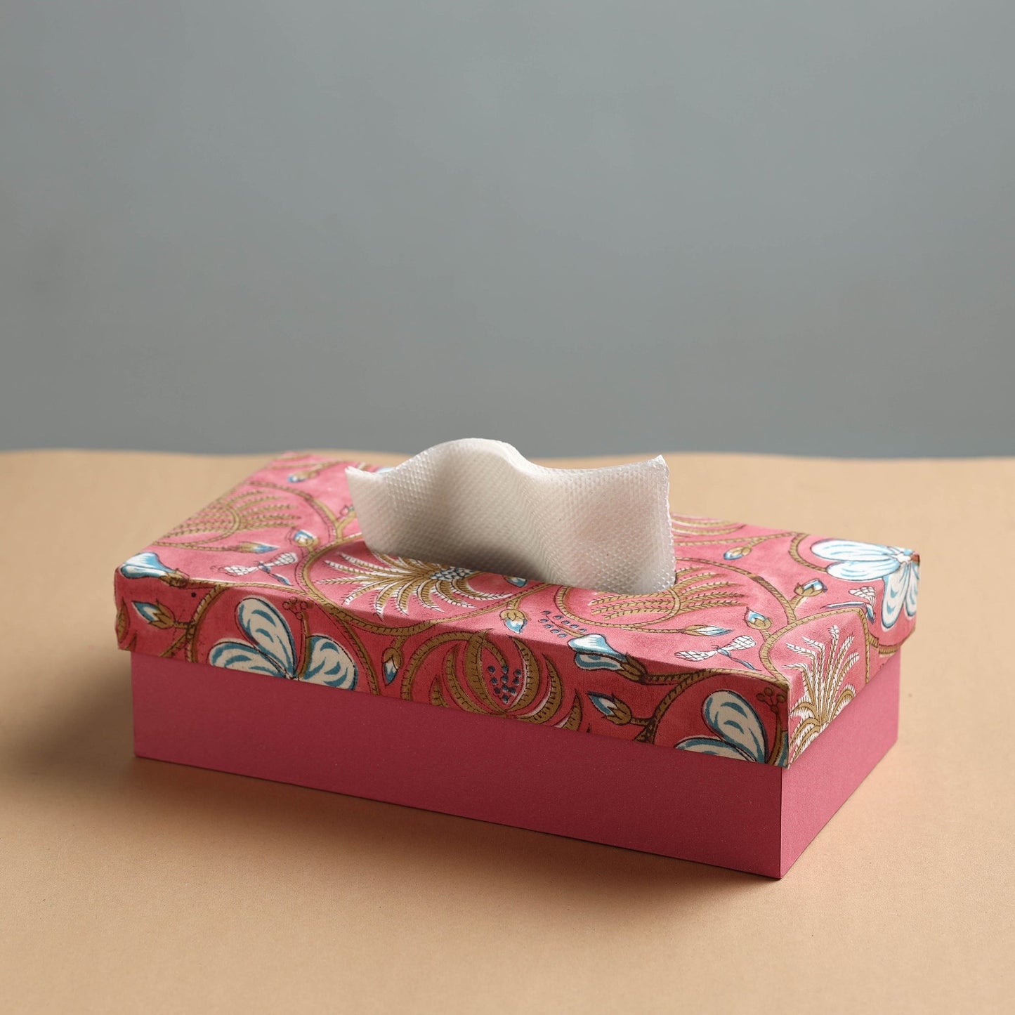 Peach Sukriti Handmade Block Printed Fabric Tissue Box 