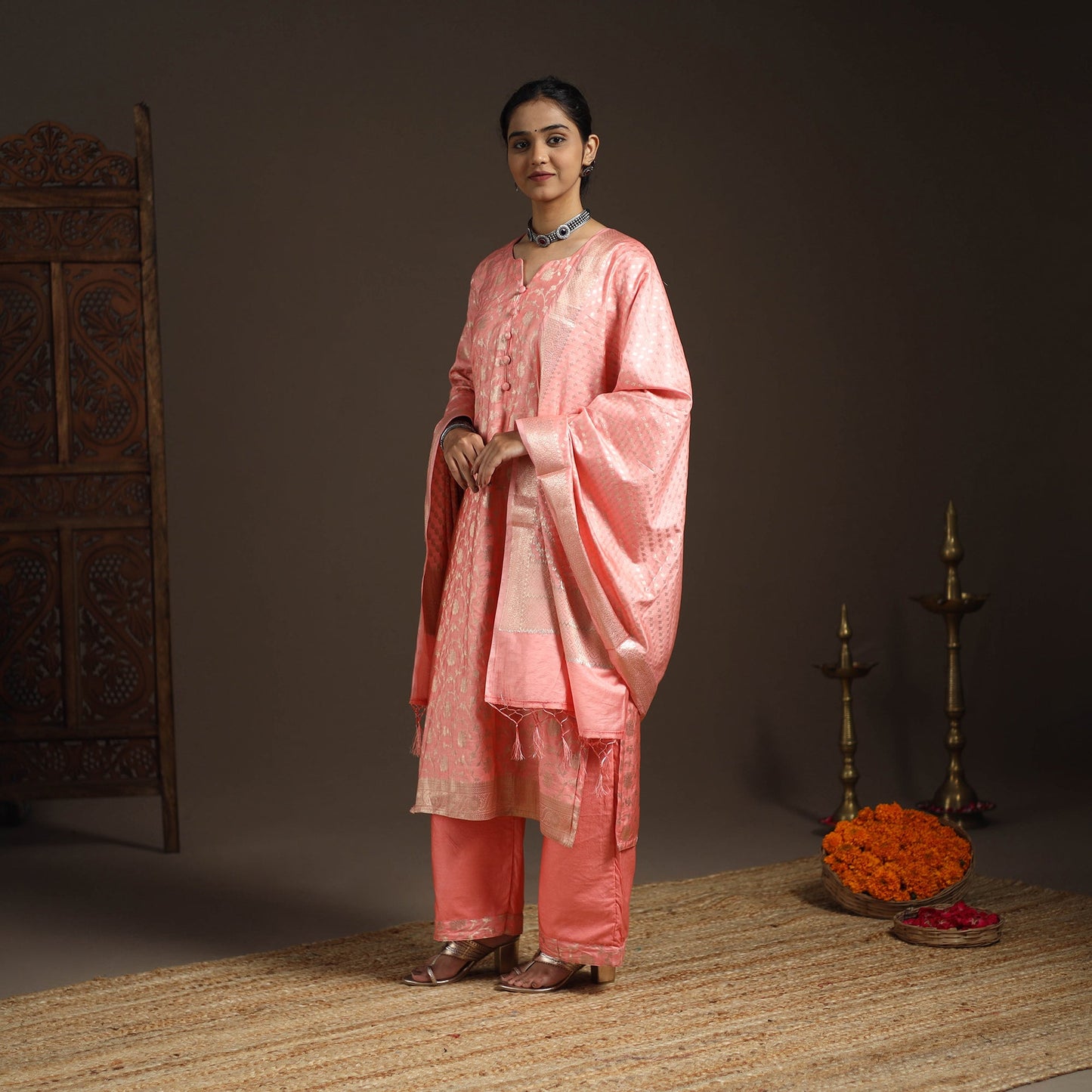 Peach - tanchoi silk cotton banarasi kurta set for women
