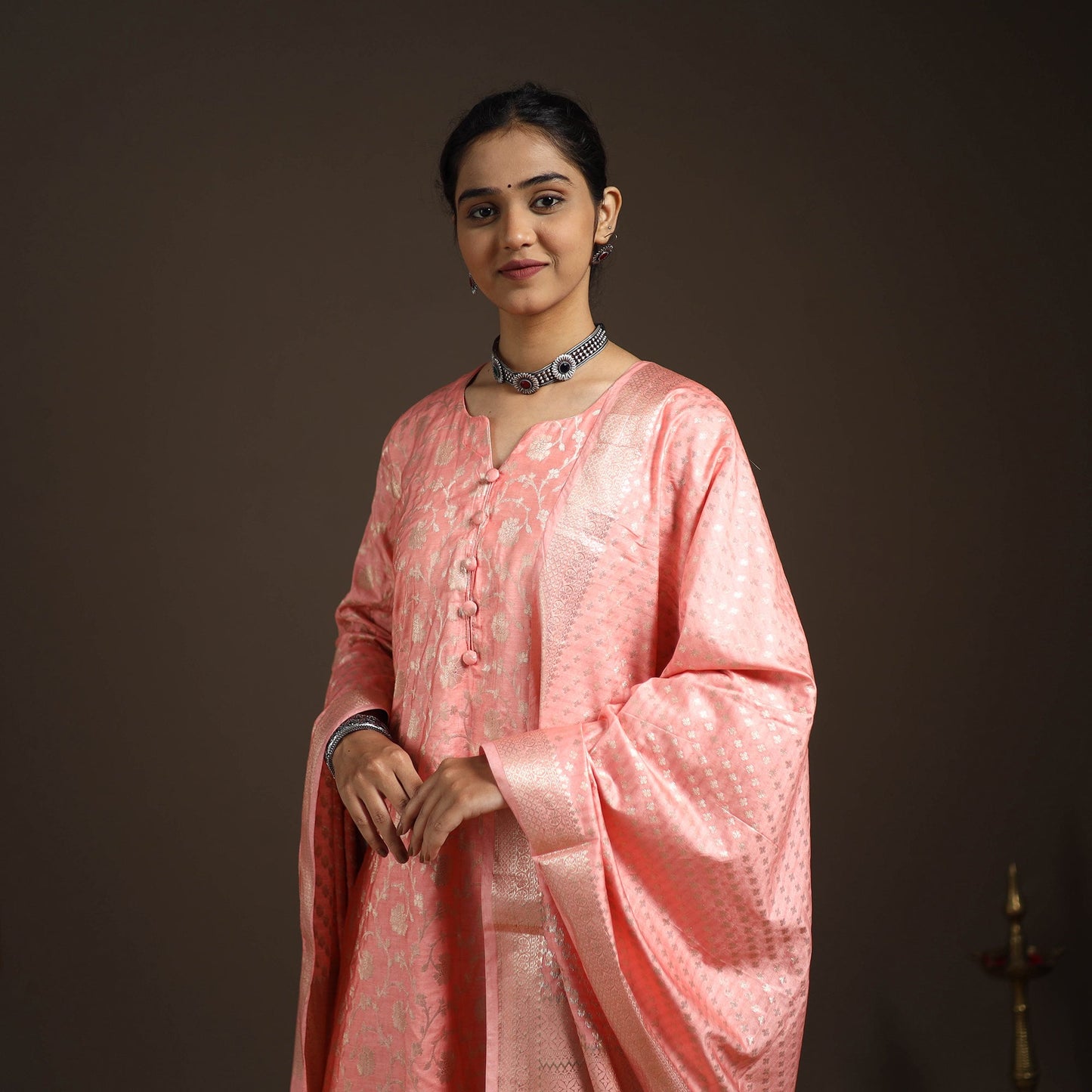Peach - tanchoi silk cotton banarasi kurta set for women