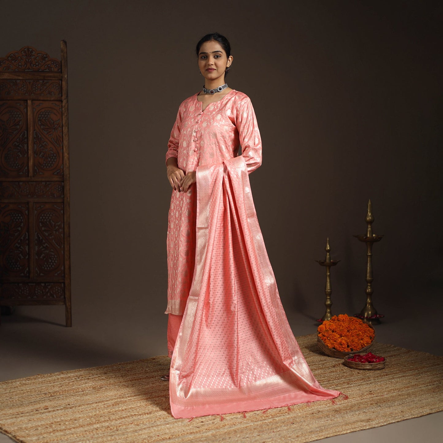Peach - tanchoi silk cotton banarasi kurta set for women