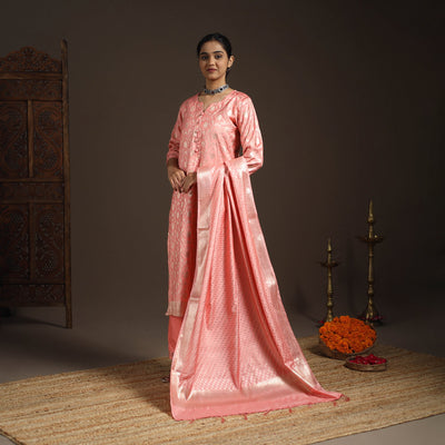 Peach - tanchoi silk cotton banarasi kurta set for women