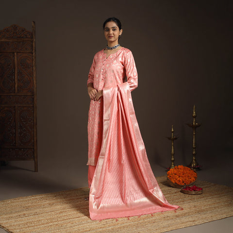 Peach - tanchoi silk cotton banarasi kurta set for women