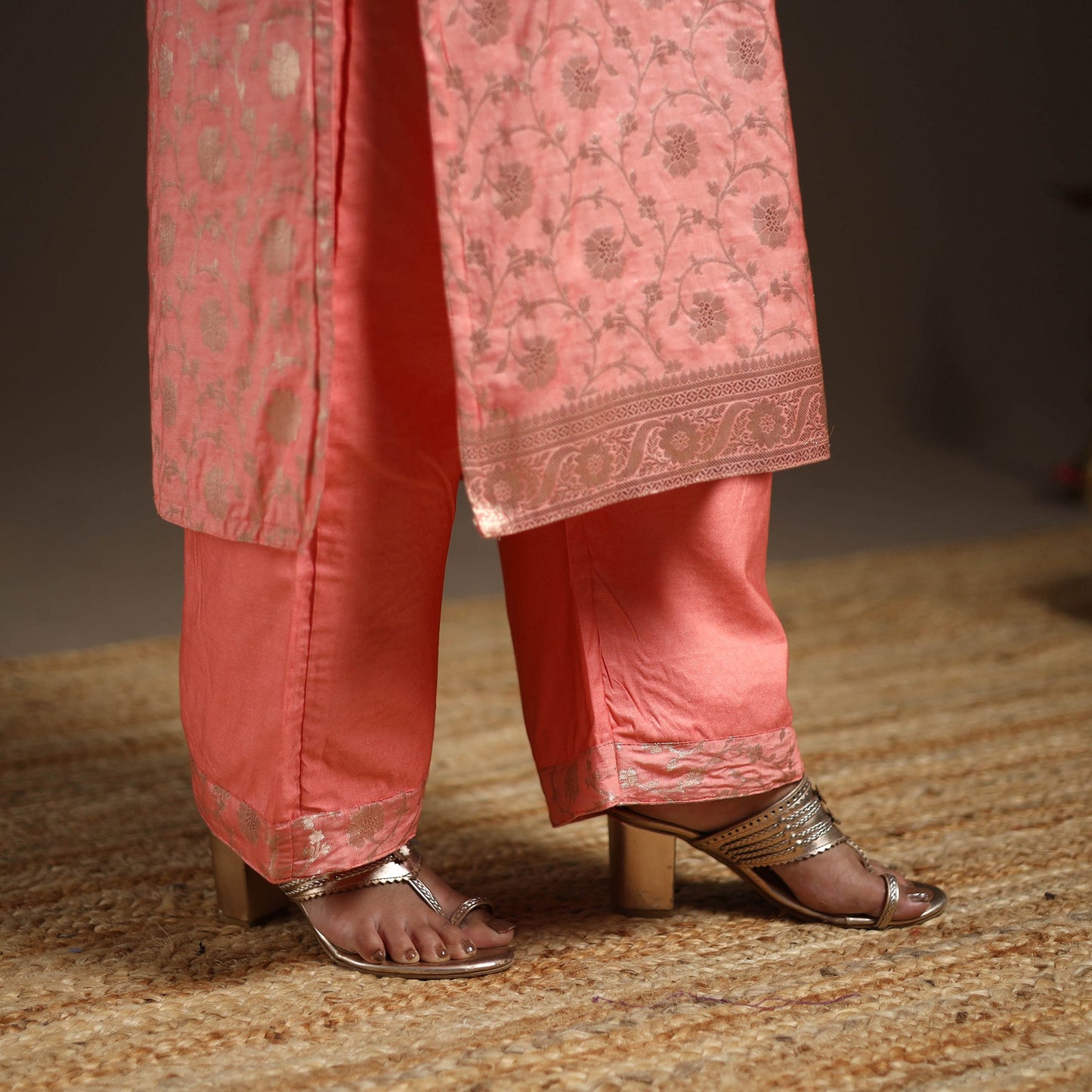 Peach - tanchoi silk cotton banarasi kurta set for women