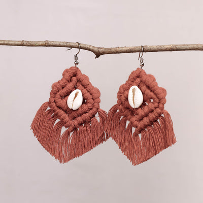  Thread & Seashell Work Handmade Macrame Earrings 