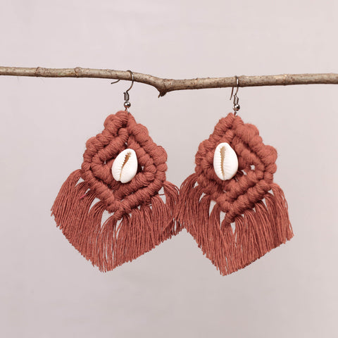  Thread & Seashell Work Handmade Macrame Earrings 