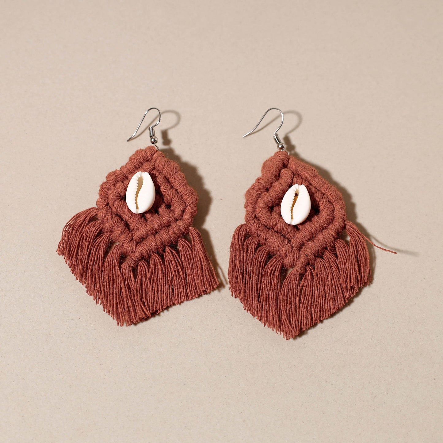  Thread & Seashell Work Handmade Macrame Earrings 