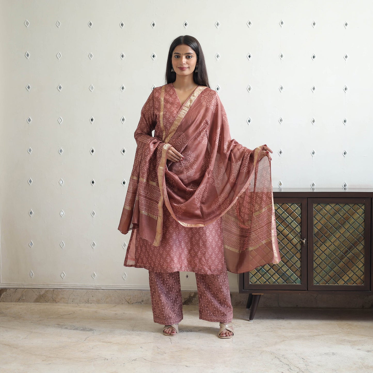 Buy Traditional Maheshwari Silk Bagru Print Kurta Set