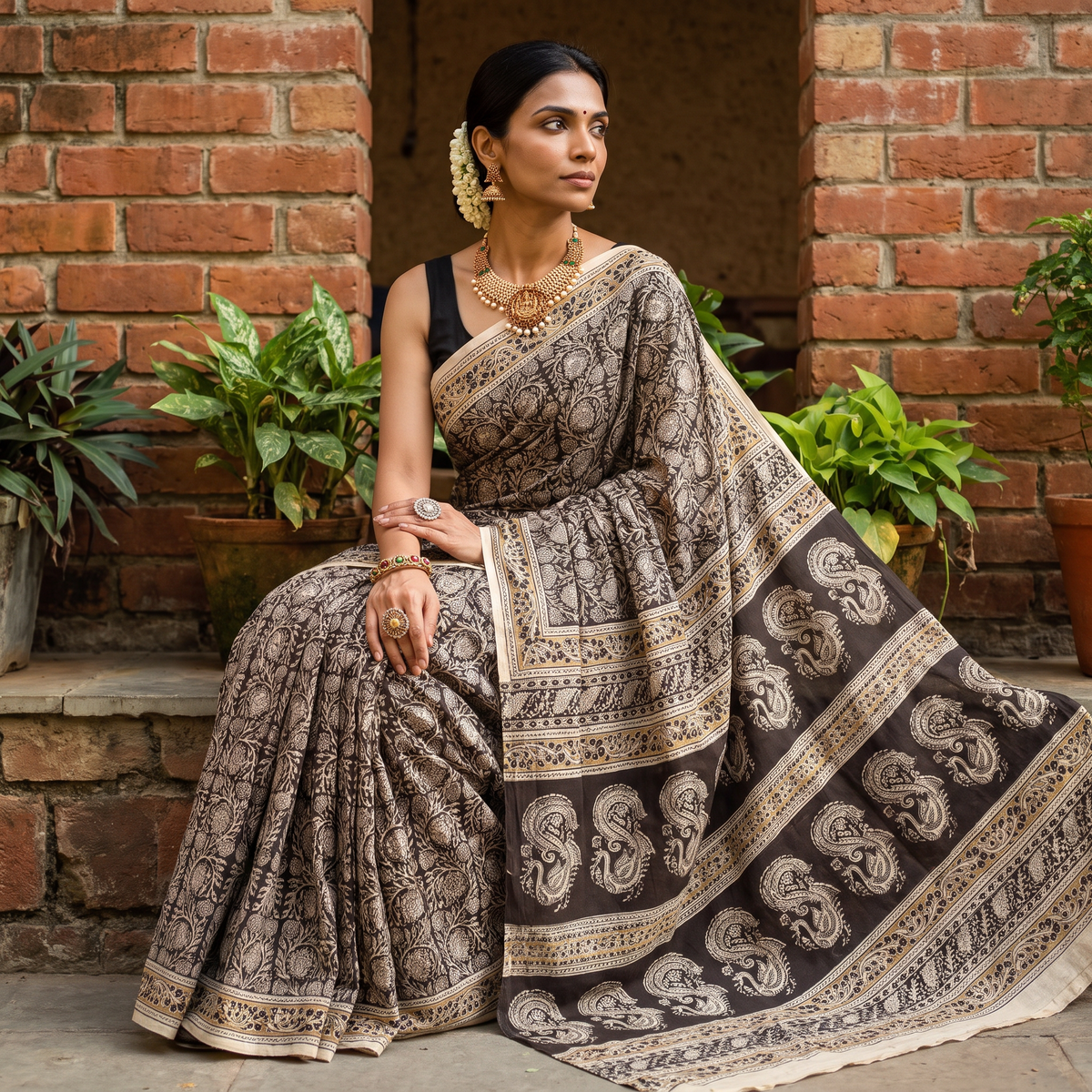 Grey Pedana Block Print Cotton Kalamkari Saree, draped and worn by a woman, AI visual of the saree, iTokri