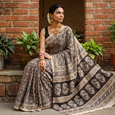 Grey Pedana Block Print Cotton Kalamkari Saree, draped and worn by a woman, AI visual of the saree, iTokri