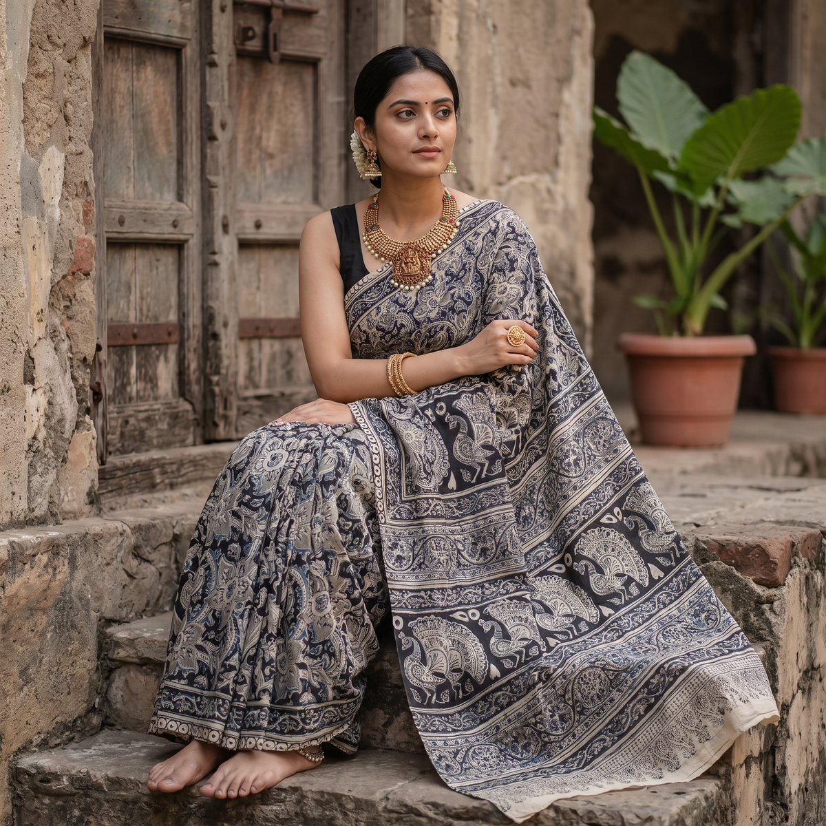 Grey Pedana Block Print Cotton Kalamkari Saree, draped and worn by a woman, AI visual of the saree, iTokri