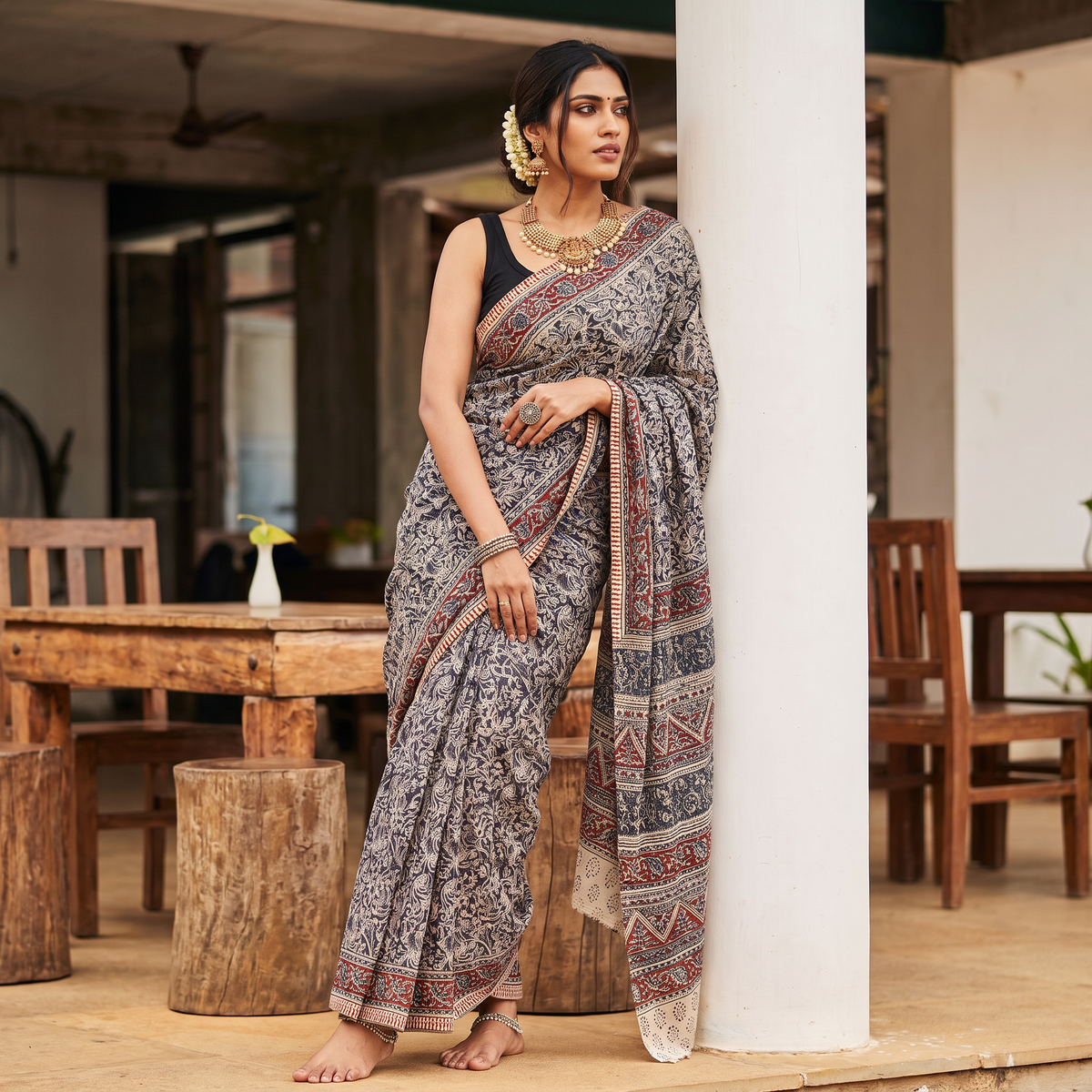 Black Pedana Block Print Cotton Kalamkari Saree, draped and worn by a woman, AI visual of the saree, iTokri