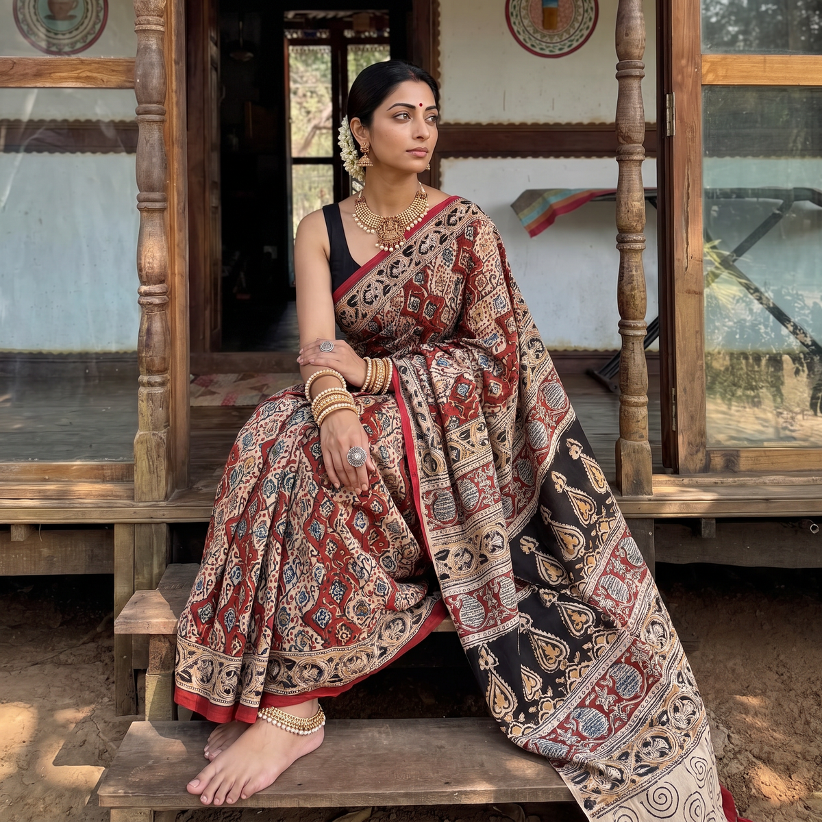 Multicolor Pedana Block Print Cotton Kalamkari Saree, draped and worn by a woman, AI visual of the saree, iTokri