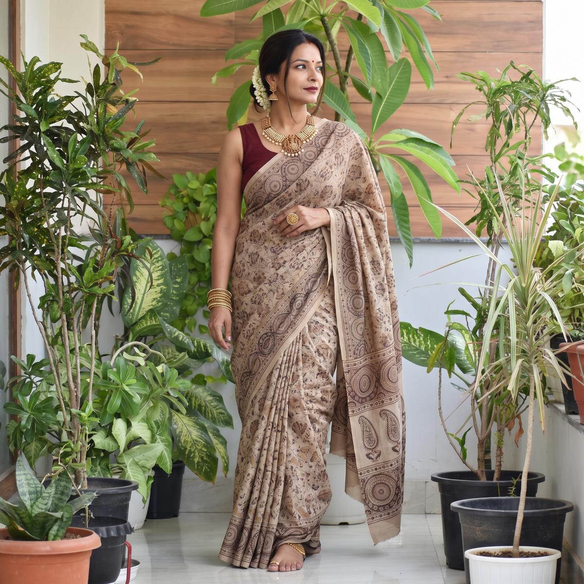 Beige Pedana Block Print Merino Wool Kalamkari Saree, draped and worn by a woman, AI visual of the saree, iTokri