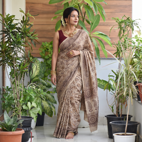 Beige Pedana Block Print Merino Wool Kalamkari Saree, draped and worn by a woman, AI visual of the saree, iTokri