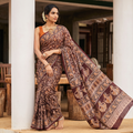 Maroon Pedana Hand Block Print Natural Dyed Cotton Kalamkari Saree, draped and worn by a woman, AI visual of the saree, iTokri