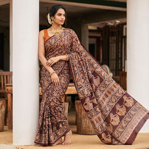 Maroon Pedana Hand Block Print Natural Dyed Cotton Kalamkari Saree, draped and worn by a woman, AI visual of the saree, iTokri