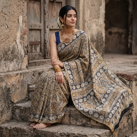 Green Pedana Hand Block Print Natural Dyed Cotton Kalamkari Saree, draped and worn by a woman, AI visual of the saree, iTokri