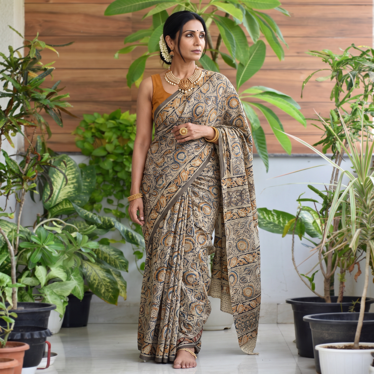 Beige Pedana Hand Block Print Natural Dyed Cotton Kalamkari Saree, draped and worn by a woman, AI visual of the saree, iTokri