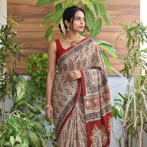 Beige Pedana Hand Block Print Natural Dyed Cotton Kalamkari Saree, draped and worn by a woman, AI visual of the saree, iTokri