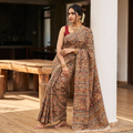 Brown Pedana Hand Block Print Natural Dyed Cotton Kalamkari Saree, draped and worn by a woman, AI visual of the saree, iTokri