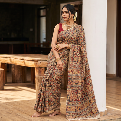 Brown Pedana Hand Block Print Natural Dyed Cotton Kalamkari Saree, draped and worn by a woman, AI visual of the saree, iTokri