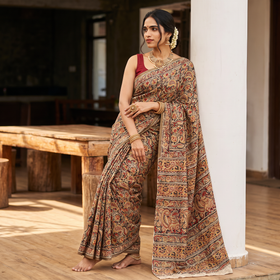 Brown Pedana Hand Block Print Natural Dyed Cotton Kalamkari Saree, draped and worn by a woman, AI visual of the saree, iTokri