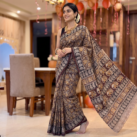 Maroon Pedana Hand Block Print Natural Dyed Cotton Kalamkari Saree, draped and worn by a woman, AI visual of the saree, iTokri