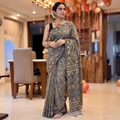 Brown Pedana Hand Block Print Natural Dyed Cotton Kalamkari Saree, draped and worn by a woman, AI visual of the saree, iTokri