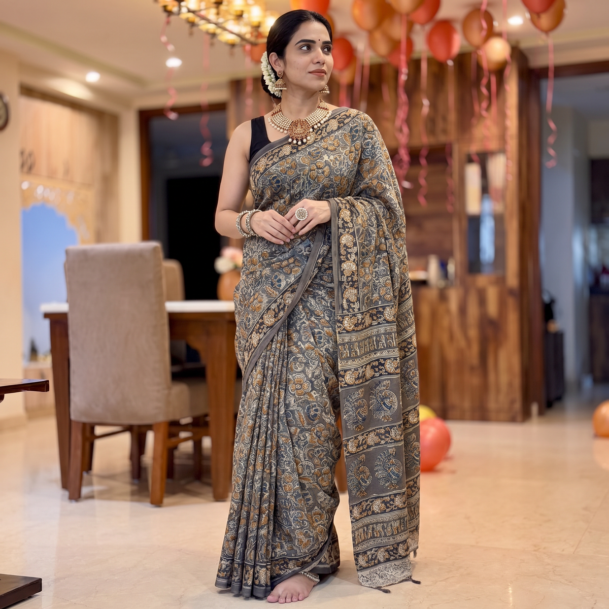Brown Pedana Hand Block Print Natural Dyed Cotton Kalamkari Saree, draped and worn by a woman, AI visual of the saree, iTokri