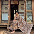 Maroon Pedana Hand Block Print Natural Dyed Cotton Kalamkari Saree, draped and worn by a woman, AI visual of the saree, iTokri