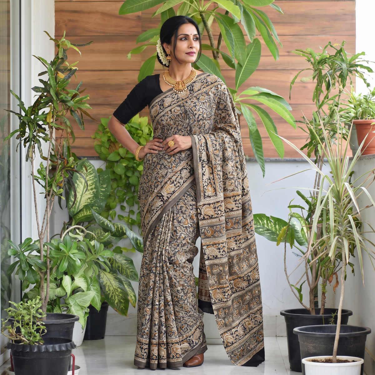 Green Pedana Hand Block Print Natural Dyed Cotton Kalamkari Saree, draped and worn by a woman, AI visual of the saree, iTokri