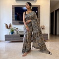 Green Pedana Hand Block Print Natural Dyed Cotton Kalamkari Saree, draped and worn by a woman, AI visual of the saree, iTokri