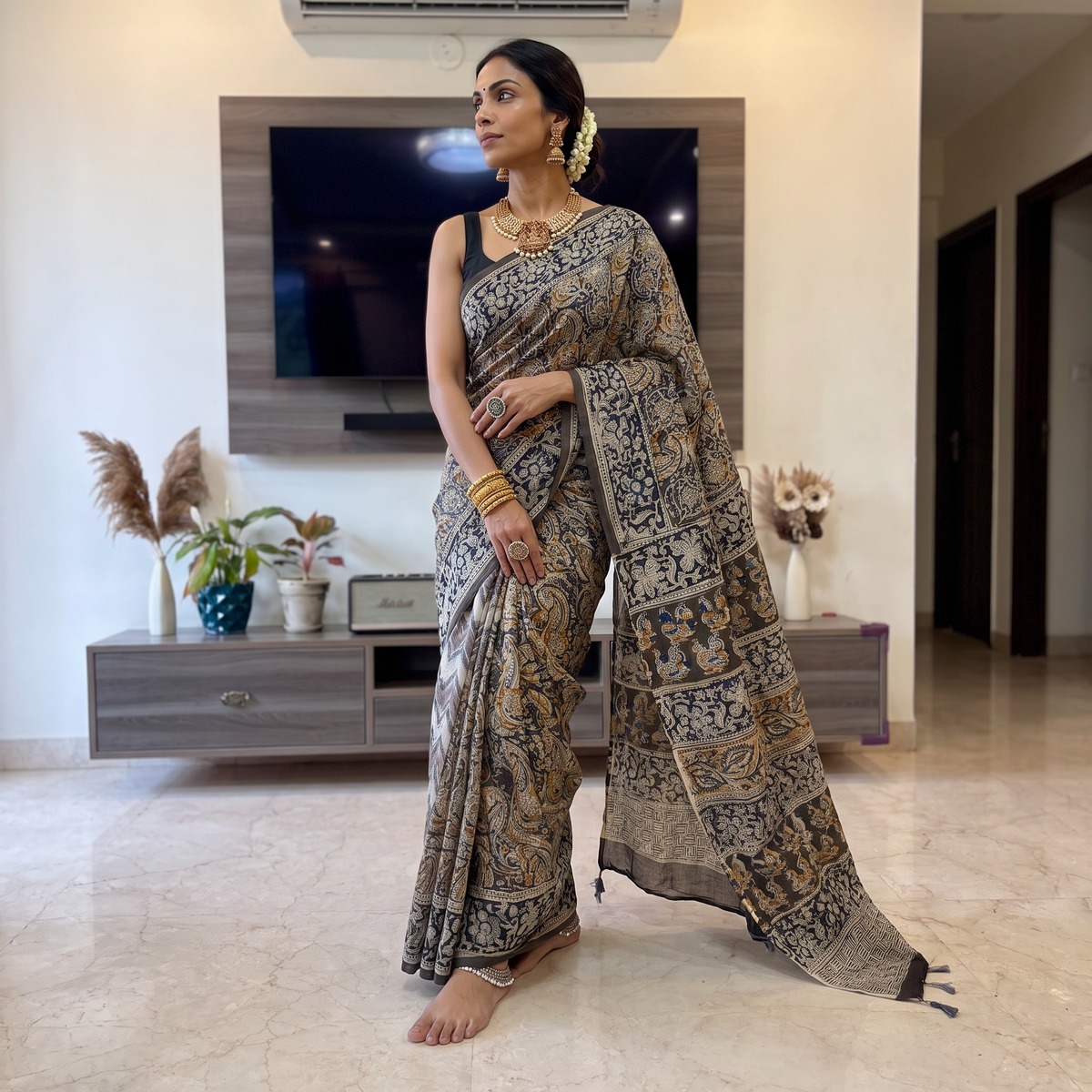 Green Pedana Hand Block Print Natural Dyed Cotton Kalamkari Saree, draped and worn by a woman, AI visual of the saree, iTokri