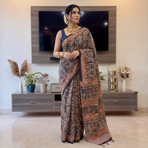 Multicolor Pedana Hand Block Print Natural Dyed Cotton Kalamkari Saree, draped and worn by a woman, AI visual of the saree, iTokri