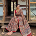 Red Pedana Hand Block Print Natural Dyed Cotton Kalamkari Saree, draped and worn by a woman, AI visual of the saree, iTokri
