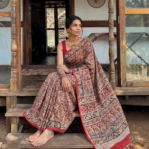 Red Pedana Hand Block Print Natural Dyed Cotton Kalamkari Saree, draped and worn by a woman, AI visual of the saree, iTokri
