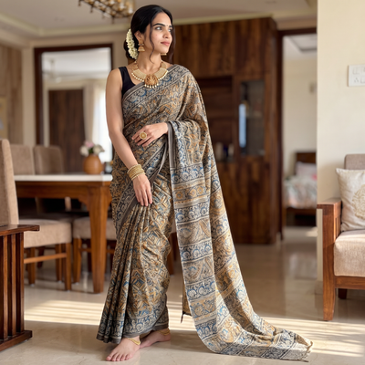 Green Pedana Hand Block Print Natural Dyed Cotton Kalamkari Saree, draped and worn by a woman, AI visual of the saree, iTokri