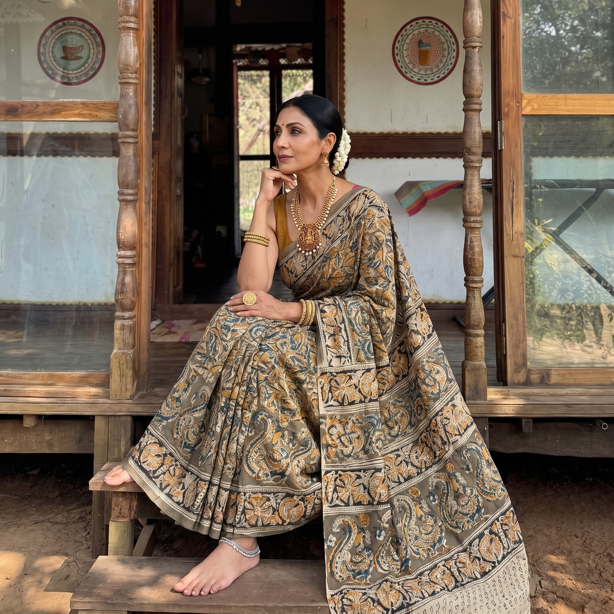 Green Pedana Hand Block Print Natural Dyed Cotton Kalamkari Saree, draped and worn by a woman, AI visual of the saree, iTokri