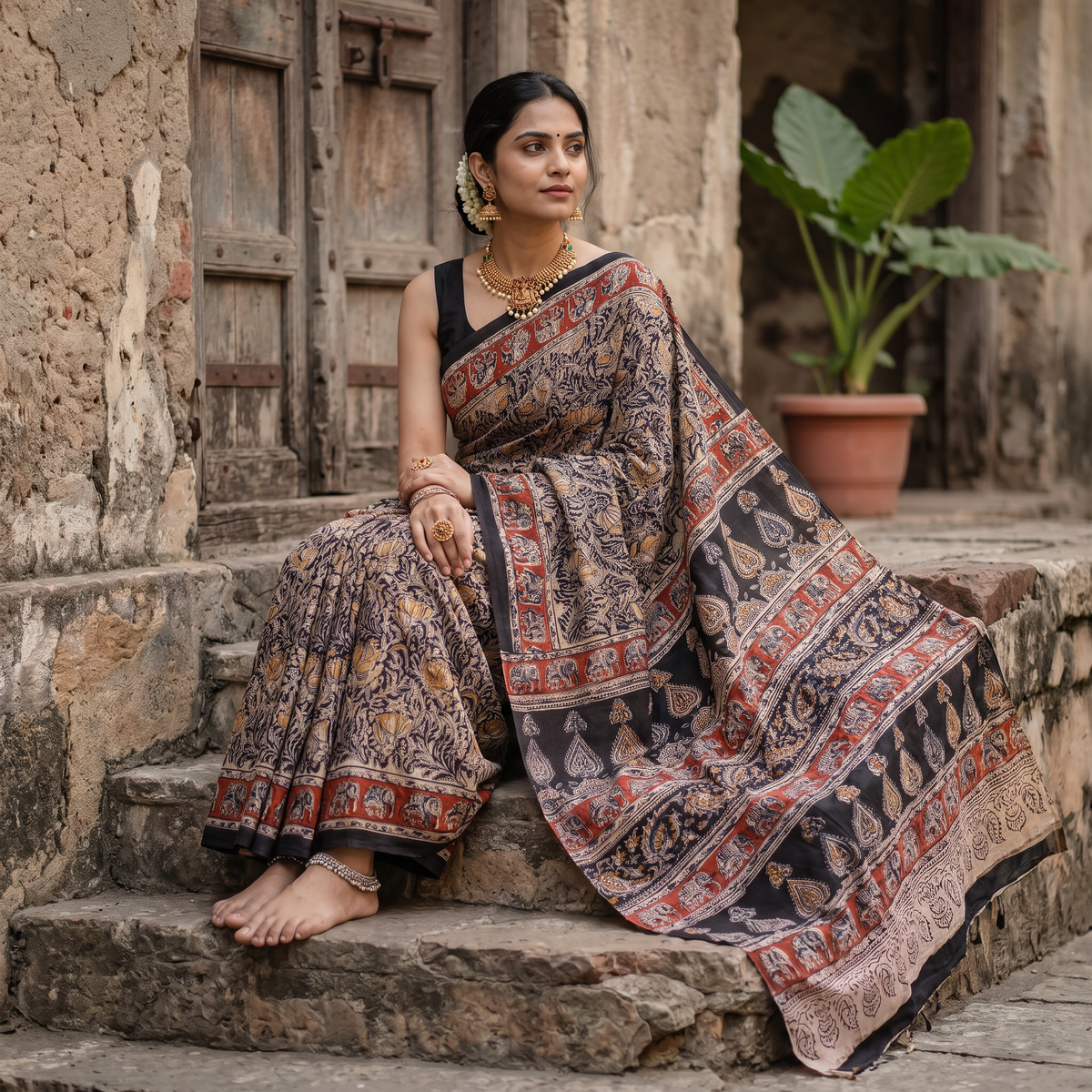 Black Pedana Hand Block Print Natural Dyed Cotton Kalamkari Saree, draped and worn by a woman, AI visual of the saree, iTokri